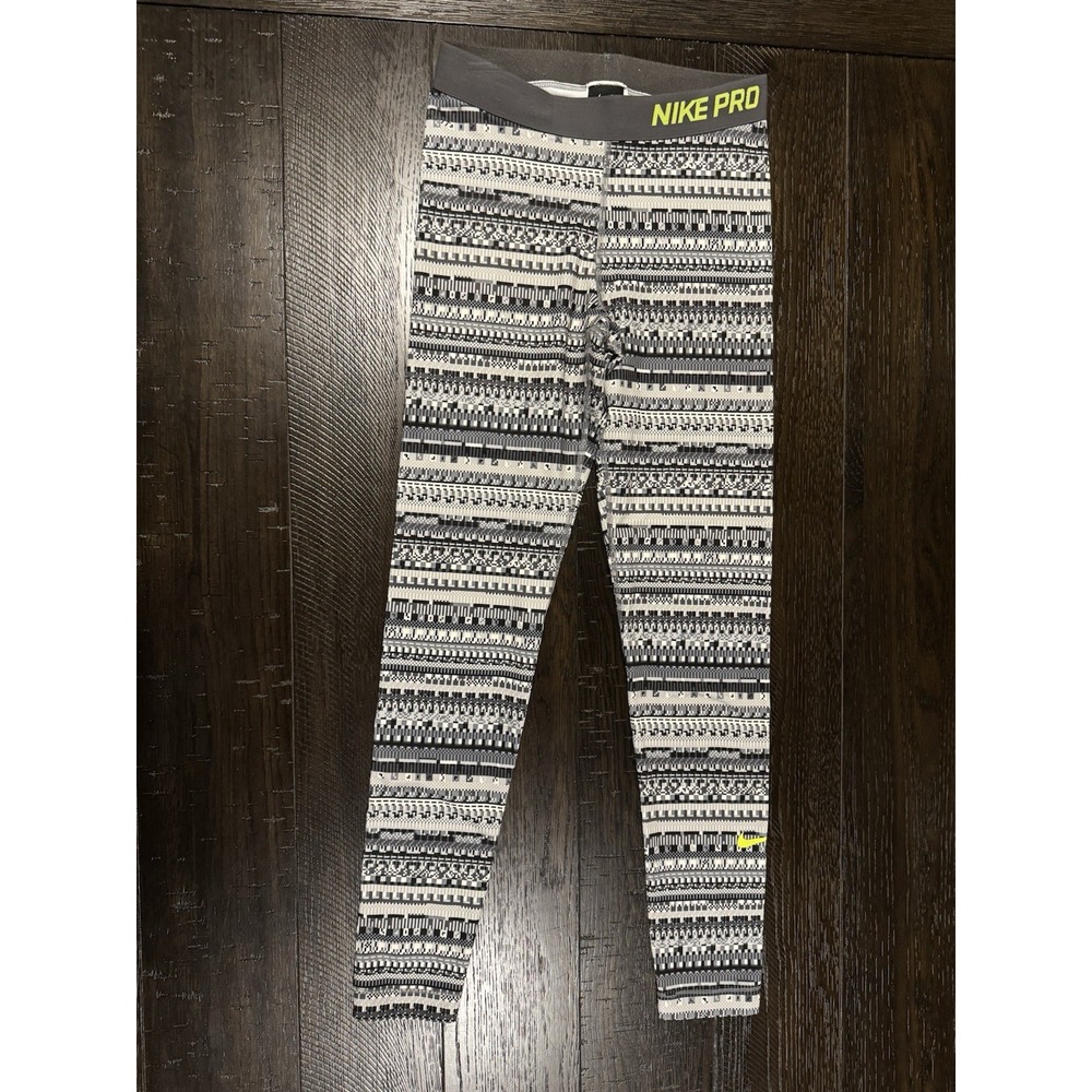 Nike Pro Warm 8 Bit Leggings SZ M Gray Beige Black Printed  Gym Yoga Casual